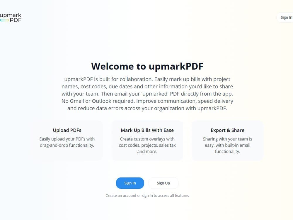 The UpmarkPDF product landing page